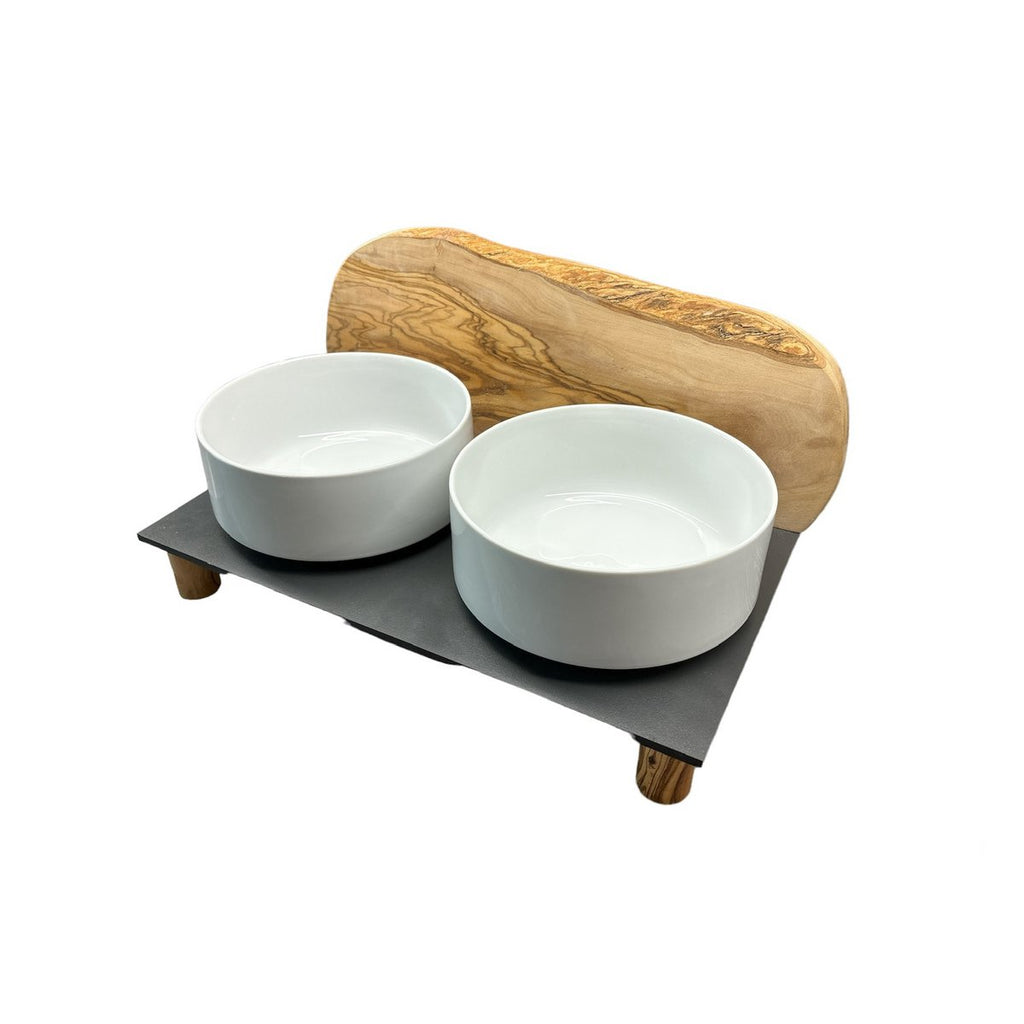 Voerstation MOUNTAIN, 2x 0,9 liter, ronde poten, olijfhout