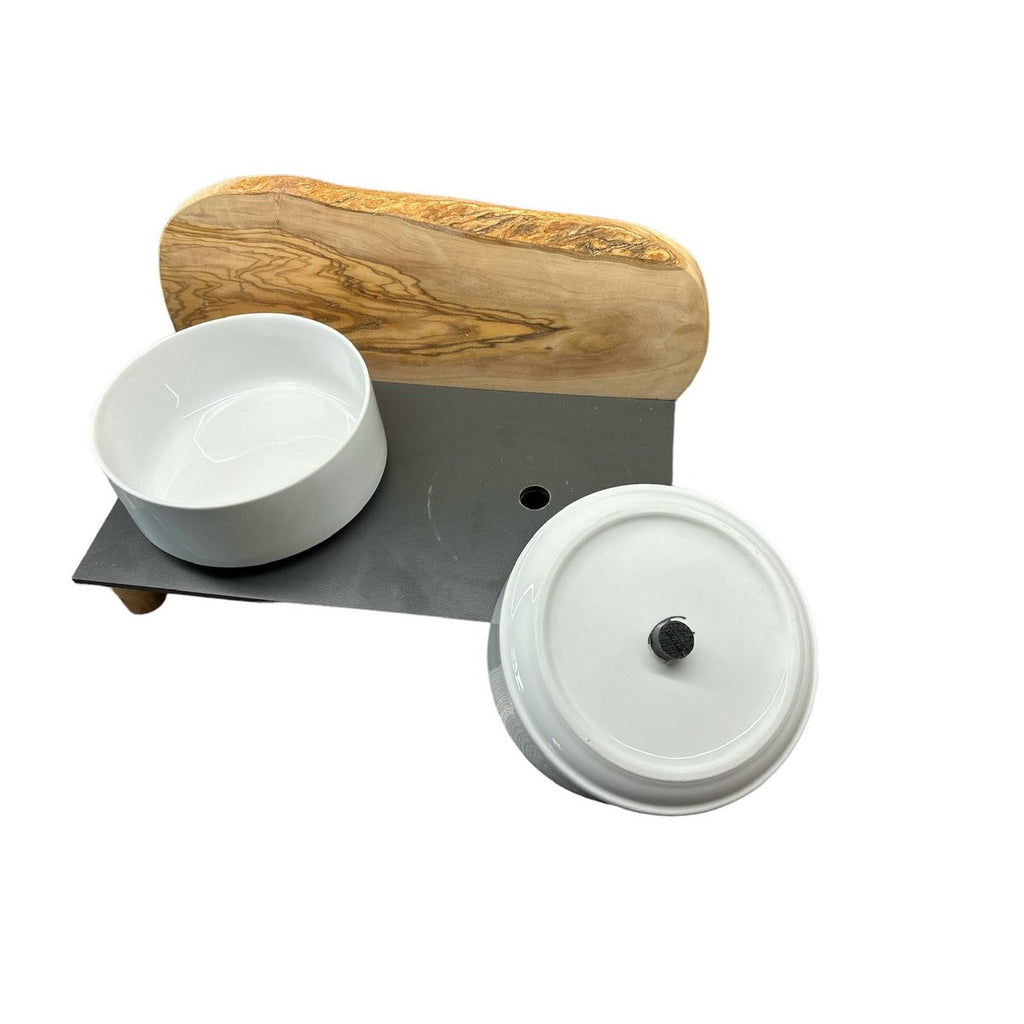 Voerstation MOUNTAIN, 2x 0,9 liter, ronde poten, olijfhout