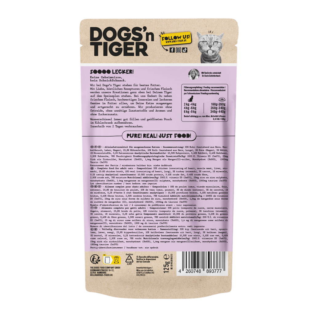 Dogs'n Tiger Graanvrij Natvoer voor Katten: Pluimvee & Kalf met Wortel