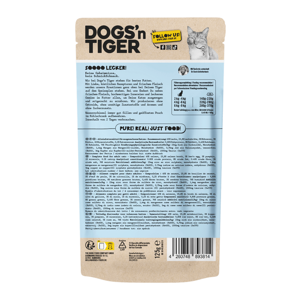 Dogs’n Tiger volwassen graanvrij katten natvoer; zalm met ei en pompoen