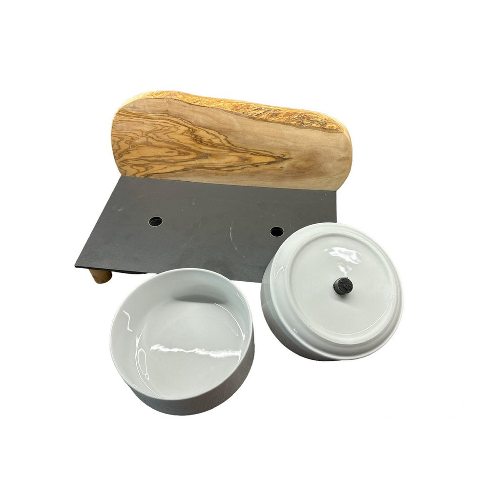 MOUNTAIN voerstation, 2x 1,5 liter, ronde poten, olijfhout